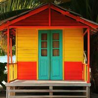 A colorful house with a blue door and yellow walls photo