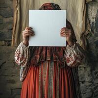 A woman is holding a white piece of paper in front of a wall photo