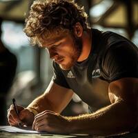A man with curly hair is writing on a piece of paper photo