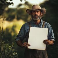 A man in a straw hat holds a white sign photo