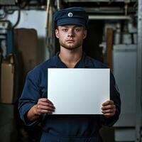 A man in a blue uniform holding a white sign photo