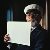 A man in a captain's hat holds a white piece of paper photo