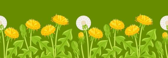 seamless border design featuring whimsical dandelions with vibrant yellow petals and fluffy seed heads. This playful illustration captures the essence of nature, perfect for various creative projects vector