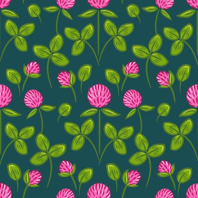 A seamless pattern featuring vibrant red clover flowers and lush green leaves, perfect for textile designs, wallpapers, and various creative projects. This botanical motif adds a touch of nature