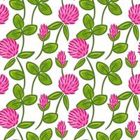 A seamless pattern featuring vibrant red clover flowers surrounded by lush green leaves. This botanical design brings a touch of nature and charm, perfect for textiles, wallpapers, and various vector