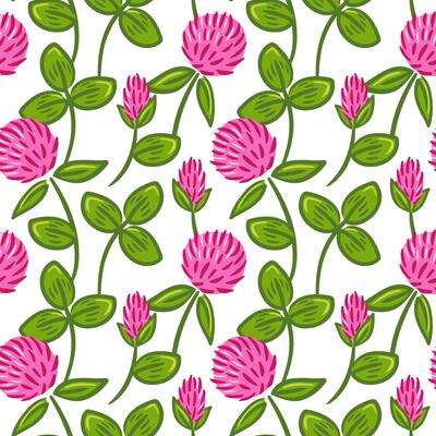 A seamless pattern featuring vibrant red clover flowers surrounded by lush green leaves. This botanical design brings a touch of nature and charm, perfect for textiles, wallpapers, and various