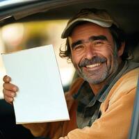 A man is smiling and holding a blank piece of paper photo