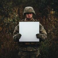 A soldier is holding a white sign in a field photo