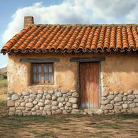 A small house with a red roof and a stone wall photo