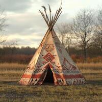 A teepee is standing in a field with a cloudy sky in the background photo