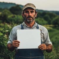 A man is holding a white sign in a field photo