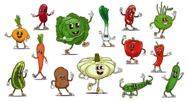 Groovy vegetable food characters waving hands vector