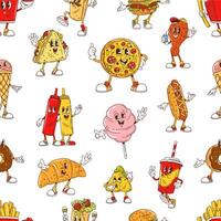 Groovy fast food funny characters seamless pattern vector