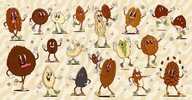 Cartoon retro groovy nut and seed characters vector