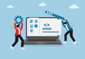 Software Development Process. Developers Working on Coding, Programming, and System Maintenance IT Development, Web Development, App Development, and Digital Innovation. vector