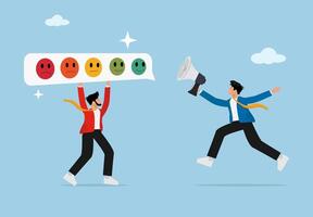 Customer Feedback and Satisfaction Concept with Businessman Running with Megaphone and Client Holding Rating Board with Emotion Faces, vector