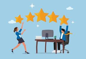 Business teamwork analyzing employee satisfaction survey and performance ratings, five stars feedback concept, improving customer service experience, corporate engagement strategy discussion, team hol vector