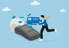 Businessman Running with a Credit Card Towards a Giant POS Terminal While Losing Cash, Representing Financial Challenges and Debt Struggles in a Digital Payment Era. vector