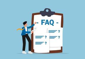 Krequently asked questions concept. businessman pointing at clipboard with faq list, question marks, and answers for customer support, help center, and online assistance. vector