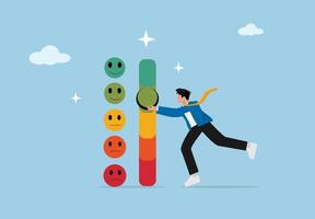 Businessman Adjusting Customer Satisfaction Meter with Emotion Faces from Angry to Happy, Feedback and Rating Concept, vector