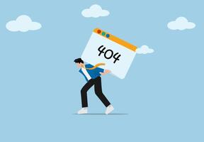 Illustration of a man carrying a heavy 404 error webpage, concept of website not found, broken link, server issue, loading problem, and web development failure. vector