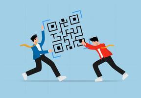 Businessman Running with a Smartphone Towards a Giant QR Code, Representing Digital Payment, Cashless Transactions, and the Future of Financial Technology. vector