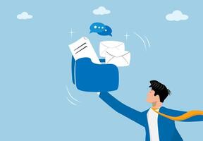 Business Communication and Digital Messaging Concept. Man Reaching Out for Emails, Documents, and Chat Messages in a Modern Office Environment. vector