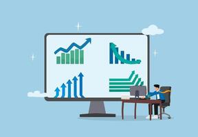 Business Growth and Data Analysis Concept. Flat Design Illustration of Digital Marketing Strategy, Financial Analytics, Economic Trends, and Corporate Success with Graphs and Charts. vector