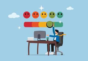Businessman adjusts a colorful customer satisfaction meter with emoticons in a professional office setting. vector