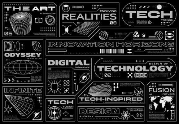 Retro futuristic cyberpunk technology shape labels