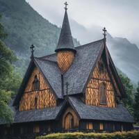 A large wooden house with a steeple on top photo