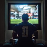 A man is sitting in front of a television watching a rugby game photo