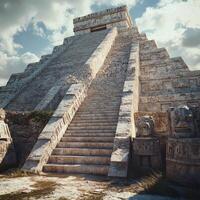 A large stone pyramid with a long staircase leading up to it photo