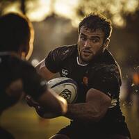 A man in a black shirt is holding a rugby ball and looking at the camera photo