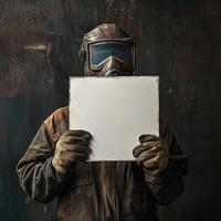 A man in a hazmat suit holding a white sign photo