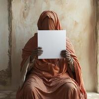 A woman in an orange robe holding a white piece of paper photo