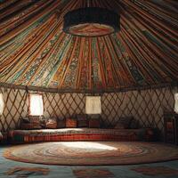 A small room with a round rug and a hanging lamp photo