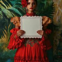 A woman in a red dress holding a white frame photo