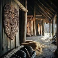 A wooden structure with a carved wooden head on the wall photo