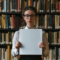 A young woman is holding a blank piece of paper in front of a library photo