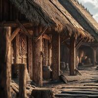 un fila de antiguo de madera edificios con tejado de paja techos foto