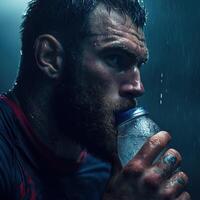 A man with a beard is drinking water from a bottle photo