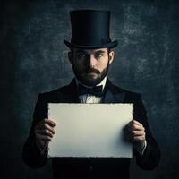 A man in a top hat and tuxedo holding a blank piece of paper photo