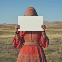 A woman in a red dress holding a white sign in a field photo