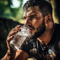 A man is drinking water from a bottle while his face is wet photo