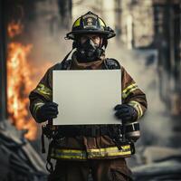 A firefighter holds a white sign in front of a burning building photo