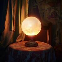 A large, glowing crystal ball sits on a table in a dimly lit room photo