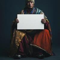 A man wearing a colorful robe holding a white sign photo