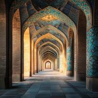 A long, narrow hallway with arched ceilings and blue and gold decorations photo