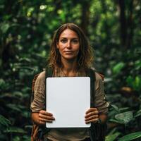 A woman is holding a white piece of paper in a forest photo